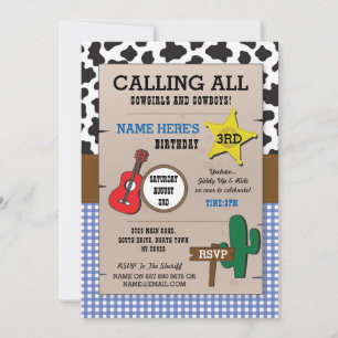 Cowboys Blue Check Birthday Sheriff Westerne Invit Kaart