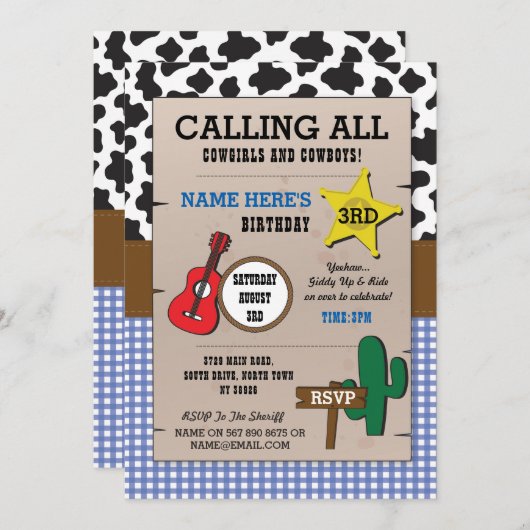 Cowboys Blue Check Verjaardag Sheriff Western Uitn Kaart (Voorkant / Achterkant)