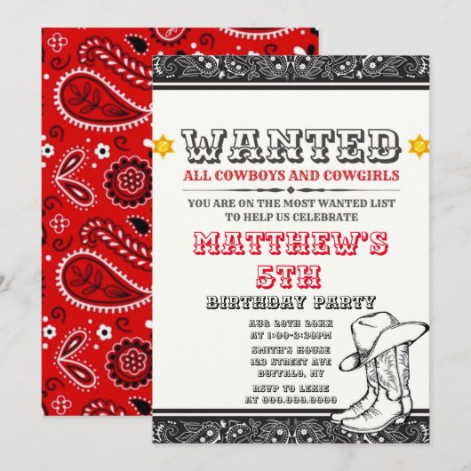 Cowboys & Cowgirl Bandana Birthday Party Invites (Voorkant / Achterkant)