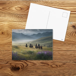 Cowboys die de bergachtige wildernis binnenrijden briefkaart
