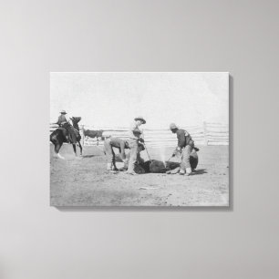 Cowboys die een Calffoto branddenSouth Dakota Canvas Afdruk