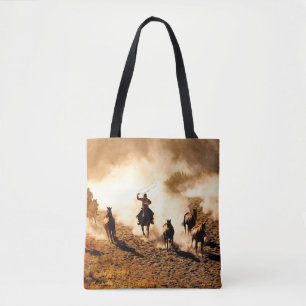Cowboys jaagden op wilde paarden, ropen en rijden, tote bag