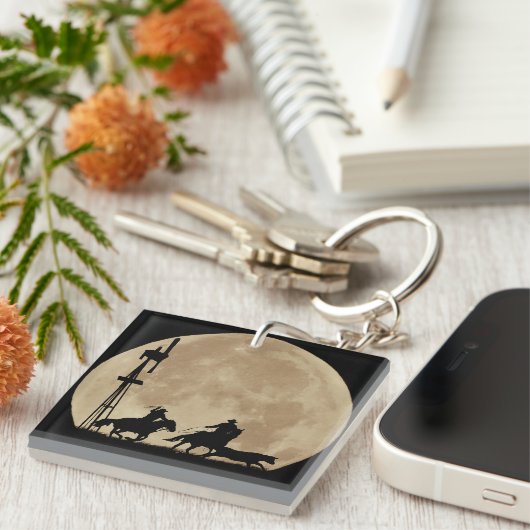 Cowboys met Steer en Windmill en Moon Sleutelhanger (Voorkant Rechts)