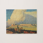 cowboys, open bereik door Maynard Dixon Legpuzzel<br><div class="desc">Open Range (1942) van Maynard Dixon is een Amerikaans schilderij van het Westen met mooie kunst. Een cowboyrancher die zijn paard op de vlakten van het zuidwesten rijdt. Hij herft zijn koeien, stieren en vee op de prairie. De grote witte wolken vullen de hemel over de open gebieden van het...</div>