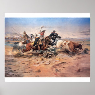 Cowboys roping a steer, 1897 (olie op doek) poster