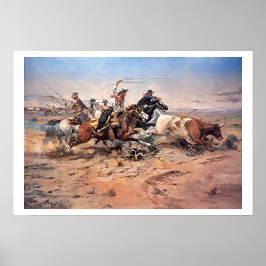Cowboys roping a steer, 1897 (olie op doek) poster (Voorkant)