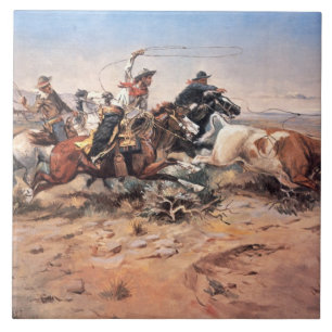 Cowboys roping a steer, 1897 (olie op doek) tegeltje