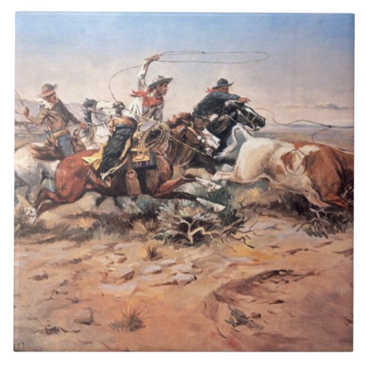 Cowboys roping a steer, 1897 (olie op doek) tegeltje (Voorkant)