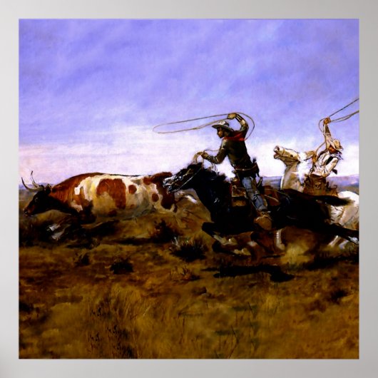 “Cowboys Roping a Steer” door Charles M Russell Poster (Voorkant)