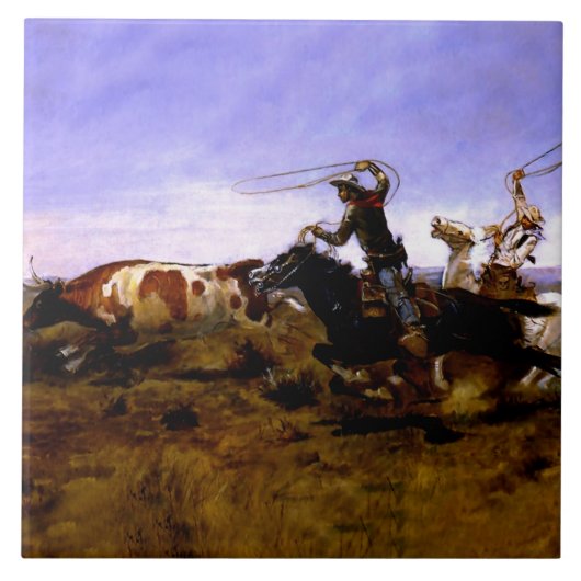 “Cowboys Roping a Steer” door Charles M Russell Tegeltje (Voorkant)