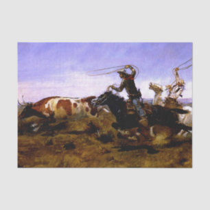 “Cowboys Roping a Steer” door Charles M Russell Tissuepapier