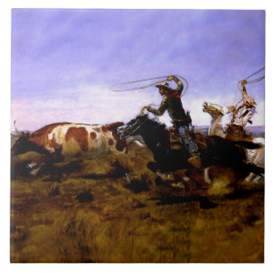 "Cowboys Roping a Steer" van Charles M Russell Tegeltje