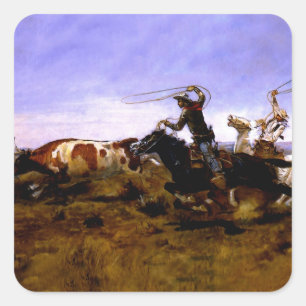 "Cowboys Roping a Steer" van Charles M Russell Vierkante Sticker