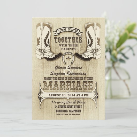 Cowboyschoenen westerne huwelijksuitnodigingen kaart (Staand voorkant)