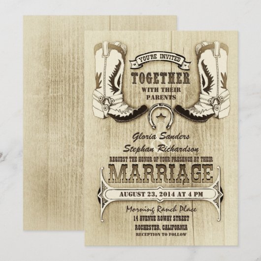 Cowboyschoenen westerne huwelijksuitnodigingen kaart (Voorkant / Achterkant)
