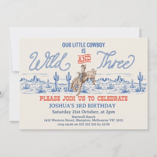 Cowby Blue Rodeo Wild and Three 3rd Birthday Kaart (Voorkant)