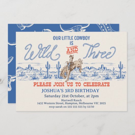 Cowby Blue Rodeo Wild and Three 3rd Birthday Kaart (Voorkant / Achterkant)