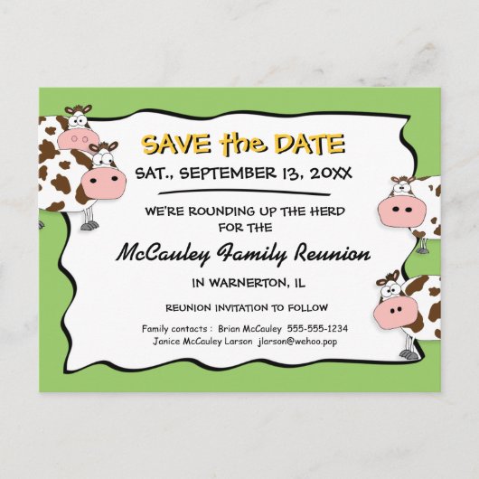 Cowdacious Apple Green Fam Reunion Save the Date Aankondigingskaart (Voorkant)