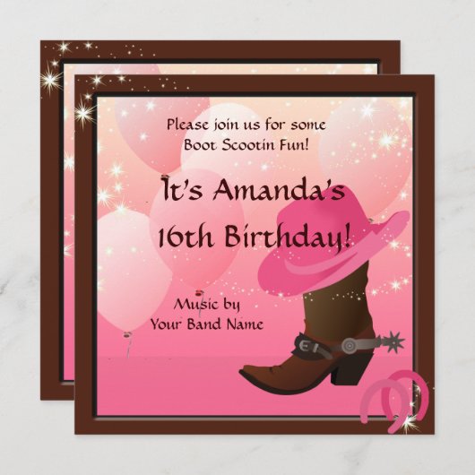 Cowgirl 16e Birthday Party Boot Scottin Custom Kaart (Voorkant / Achterkant)