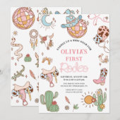 Cowgirl 1e verjaardag Disco Rodeo Party Save The Date (Voorkant / Achterkant)