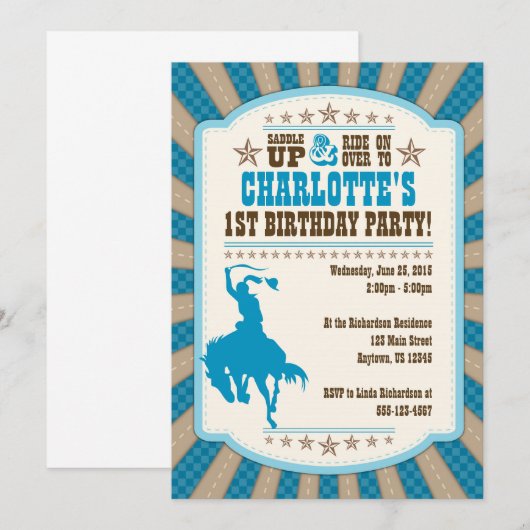 Cowgirl 1ste uitnodiging voor meisjes in Birthday (Voorkant / Achterkant)