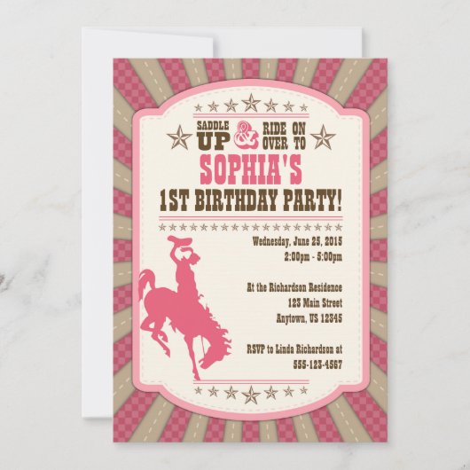 Cowgirl 1ste uitnodiging voor meisjes in Birthday (Voorkant)
