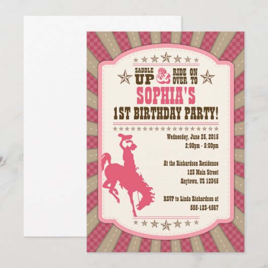 Cowgirl 1ste uitnodiging voor meisjes in Birthday (Voorkant / Achterkant)