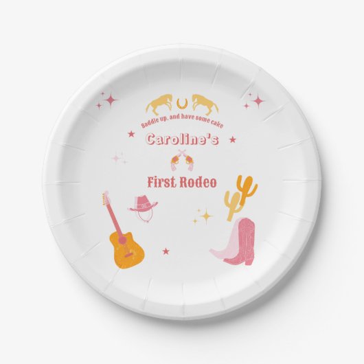 Cowgirl 1ste verjaardag eerste rodeo papieren bordje (Voorkant)