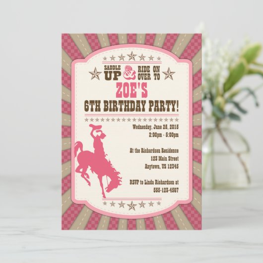 Cowgirl 6e verjaardag Girl uitnodiging (Staand voorkant)