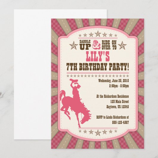 Cowgirl 7th Birthday Party Girl uitnodiging (Voorkant / Achterkant)
