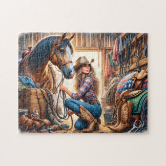 Cowgirl and Horse in Barn Stable at Ranch Legpuzzel