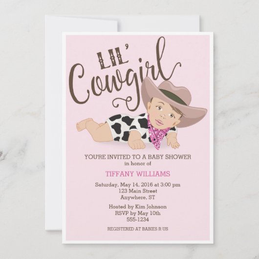 Cowgirl Baby Meisje Douche Uitnodiging Brunette Br (Voorkant)