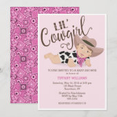 Cowgirl Baby Meisje Douche Uitnodiging Brunette Br (Voorkant / Achterkant)