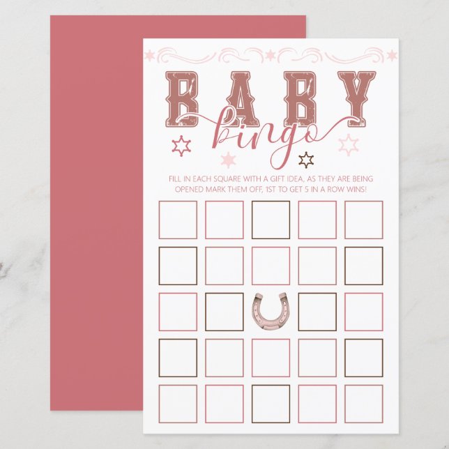 Cowgirl Baby shower Bingo spel – Saddle Up stijl (Voorkant / Achterkant)