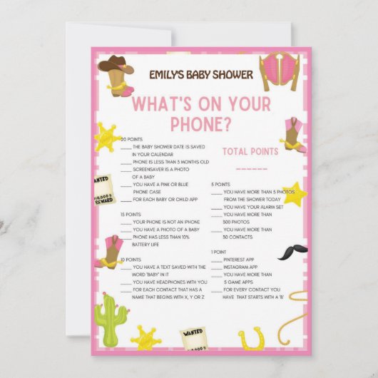 Cowgirl Baby shower Game - Editable Name, 5x7 size Kaart (Voorkant)