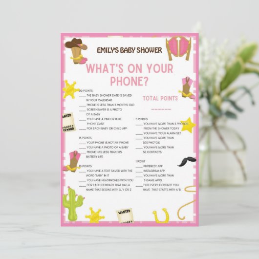 Cowgirl Baby shower Game - Editable Name, 5x7 size Kaart (Staand voorkant)