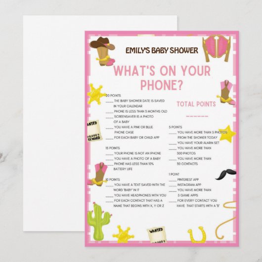 Cowgirl Baby shower Game - Editable Name, 5x7 size Kaart (Voorkant / Achterkant)