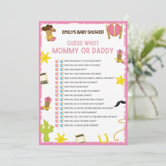 Cowgirl Baby shower Game - Editable Name, 5x7 size Kaart (Staand voorkant)
