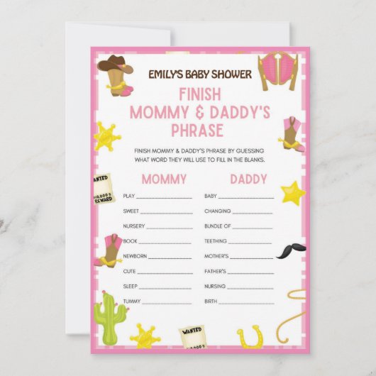 Cowgirl Baby shower Game - Editable Name, 5x7 size Kaart (Voorkant)