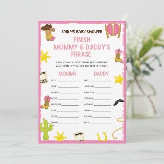 Cowgirl Baby shower Game - Editable Name, 5x7 size Kaart (Staand voorkant)