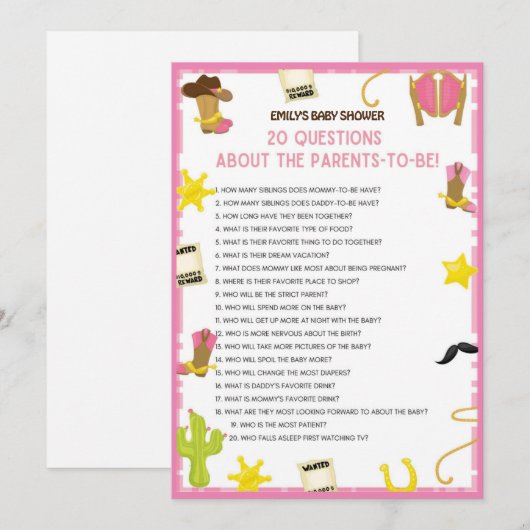 Cowgirl Baby shower Game - Editable Name, 5x7 size Kaart (Voorkant / Achterkant)