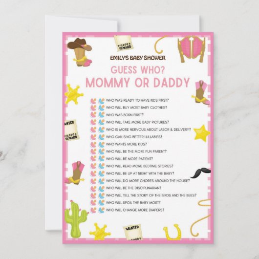 Cowgirl Baby shower Game - Editable Name, 5x7 size Kaart (Voorkant)