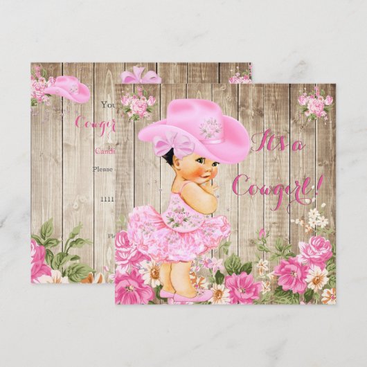 Cowgirl Baby shower Pink Rustic Wood Girl Brunette Kaart (Voorkant / Achterkant)