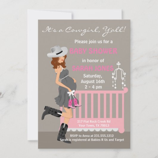 Cowgirl Baby Shower-uitnodigingen - Brunette Weste Kaart (Voorkant)