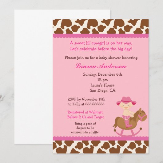 Cowgirl Baby Shower-uitnodigingen Kaart (Voorkant / Achterkant)