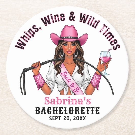 Cowgirl Bachelorette Party Zweeps Wijn & Wilde Tij Ronde Kartonnen Onderzetter (Voorkant)