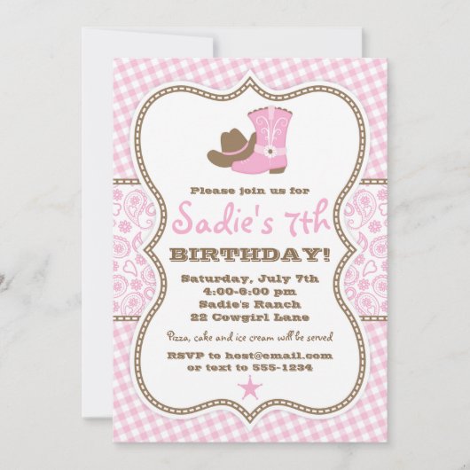 Cowgirl Birthday Invitation, Pink Brown Paisley Kaart (Voorkant)