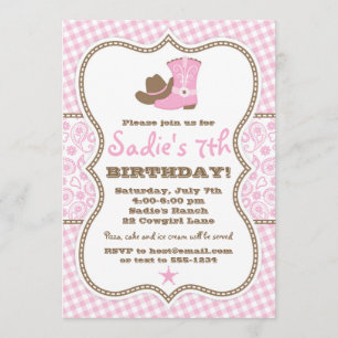 Cowgirl Birthday Invitation, Pink Brown Paisley Kaart