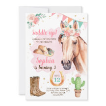Cowgirl Birthday Invite Girl Horse Pink Waterverf