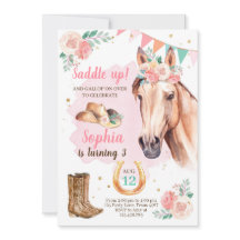 Cowgirl Birthday Invite Girl Horse Pink Waterverf